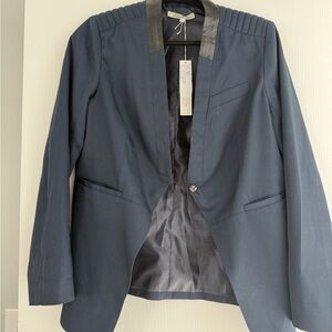 Sophisticated Navy Women's Blazer with Black faux leather Trim
